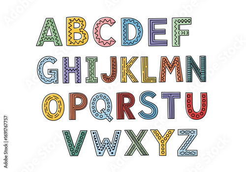 Colorful Hand-Drawn Alphabet Letters with Unique Patterns and Textures, Isolated.