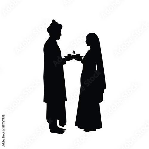 Wallpaper Mural Couple holding puja thali with lit lamps vector Torontodigital.ca