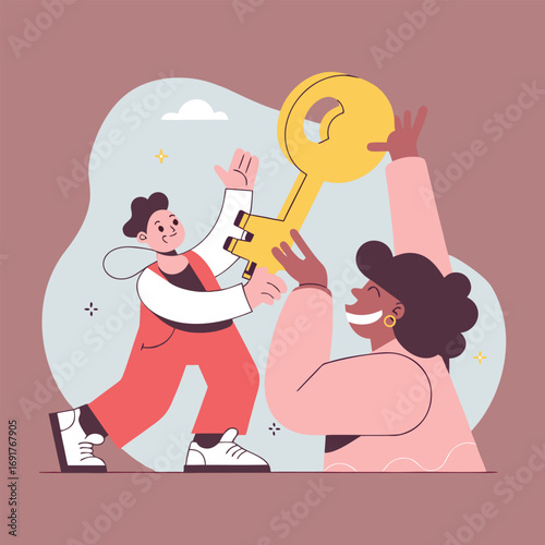 Diverse people holding a golden key concept teamwork problem solving collaboration success