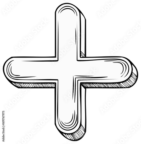 Outline Plus Sign with Hatching Accent Black and White Hand Drawn Style Design Element