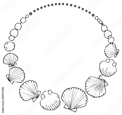 Decorative circular border with various seashells and simple round beads ocean themed art