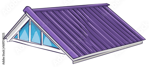 Modern attic dormer window with a vibrant purple corrugated metal roof illustration