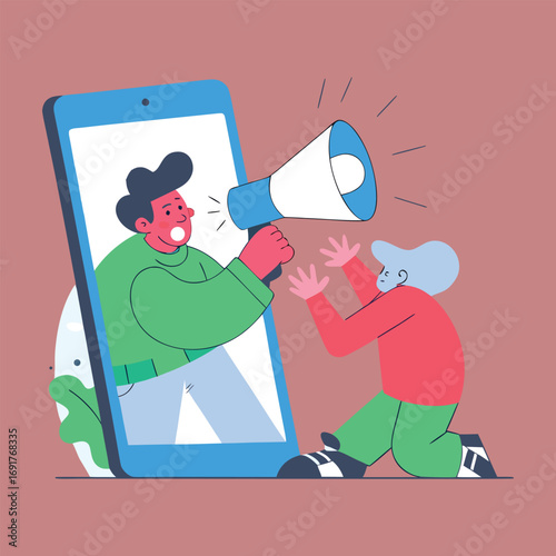 Digital communication announcing news through smartphone screen amplifying voice