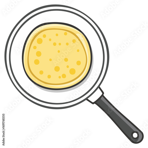 Cartoon illustration of a pancake cooking in a frying pan top down view
