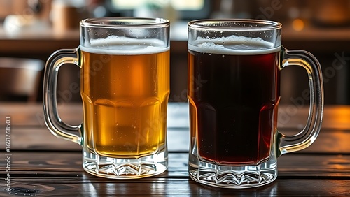 Two glass mugs with contrasting beverages on a rustic wooden table.