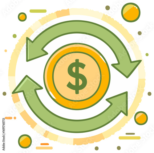 Money flow icon with dollar symbol inside coin and recycle arrows. Financial circulation design.