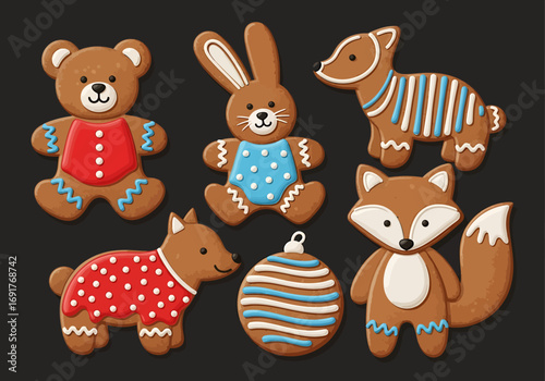 Festive Gingerbread Cookie Collection - Bear, Bunny, Fox, Badger, and Ornament Decorations.