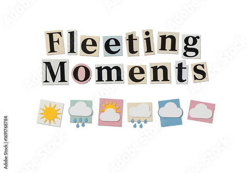 Fleeting Moments cut-out text collage with pastel weather icons, depicting changing conditions.