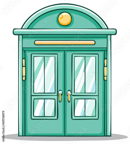 Charming Teal Door with Glass Windows a Welcoming Entrance for Cartoon or Whimsical Design