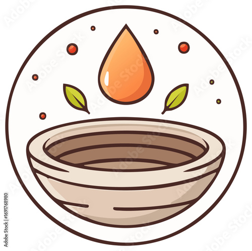 Organic Cooking Bowl with Essential Oil Drop and Herbal Leaves Illustration