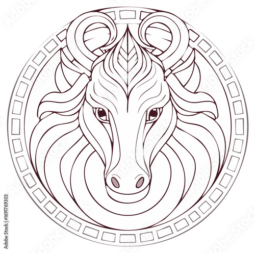 Stylized bull head line art illustration of the Taurus zodiac sign in a decorative circular frame