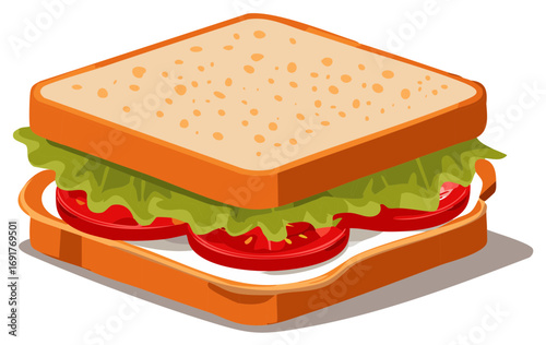 Isometric view of a delicious sandwich with tomato and lettuce filling.
