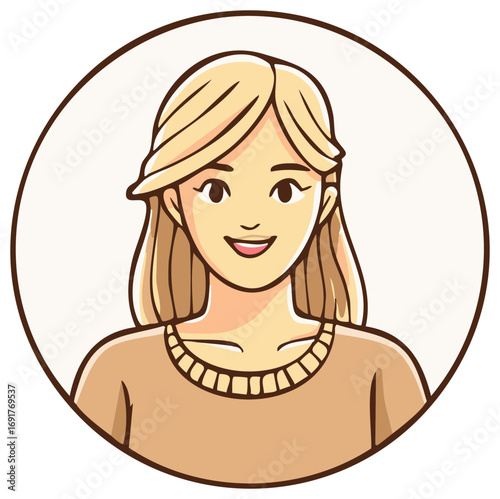 Smiling young woman with blonde hair in a circular illustration, portrait.