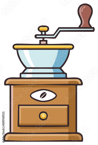 Hand Operated Coffee Grinder Vintage Wooden Design, Manual Mill Illustration