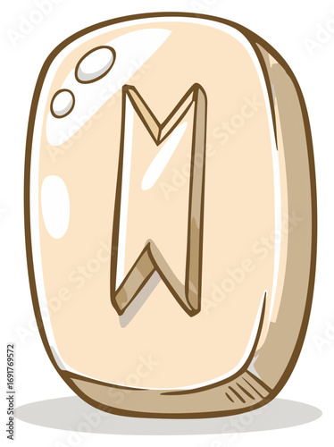 Cartoon ancient rune symbol stone with carved letter character for mystic fortune telling in neutral colors