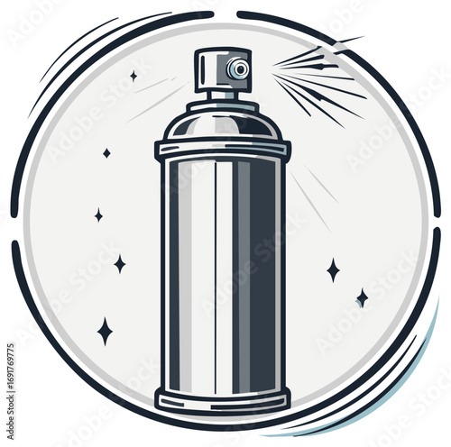 Spray can graphic inside a circle, with spray effect and star bursts, vector illustration