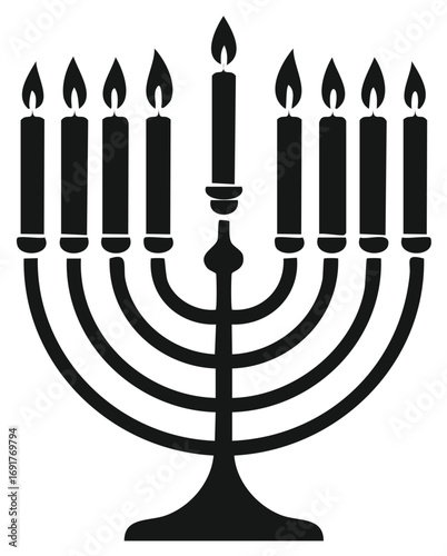 Black silhouette of a seven-branched menorah with lit candles