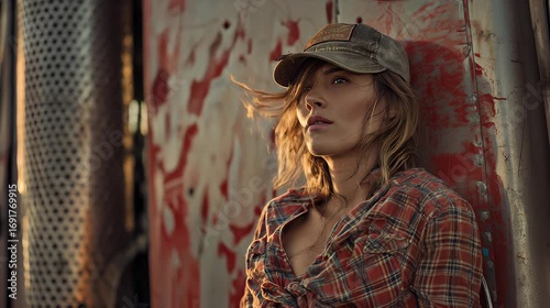 Woman in vintage trucker hat leaning on big rig at sunset