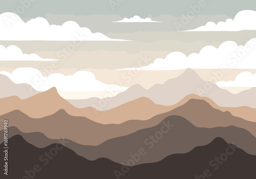Stylized layered mountain landscape illustration in muted earthy tones, featuring abstract peaks and a serene cloudy sky.
