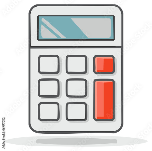 Cartoon illustration of gray calculator with red buttons for arithmetic calculations, budgeting or accounting