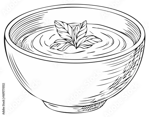 Hand drawn sketch of a soup bowl with herb garnish and liquid ripples
