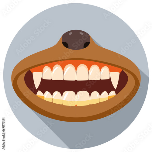 Cartoon animal mouth with big teeth and fangs, aggressive predator smile, monster mouth, canine grin, animal flat vector icon