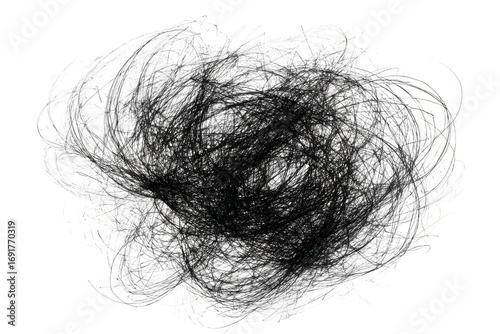 A chaotic cluster of black hair strands on a white background.