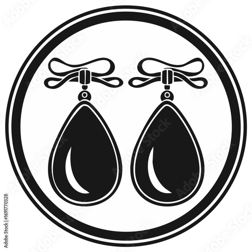 Circular icon of vintage-style teardrop earrings with ribbons, black and white emblem