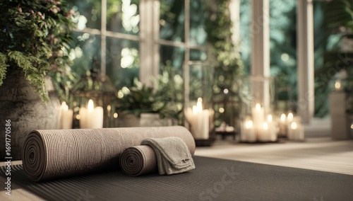 Serene yoga space with rolled mat