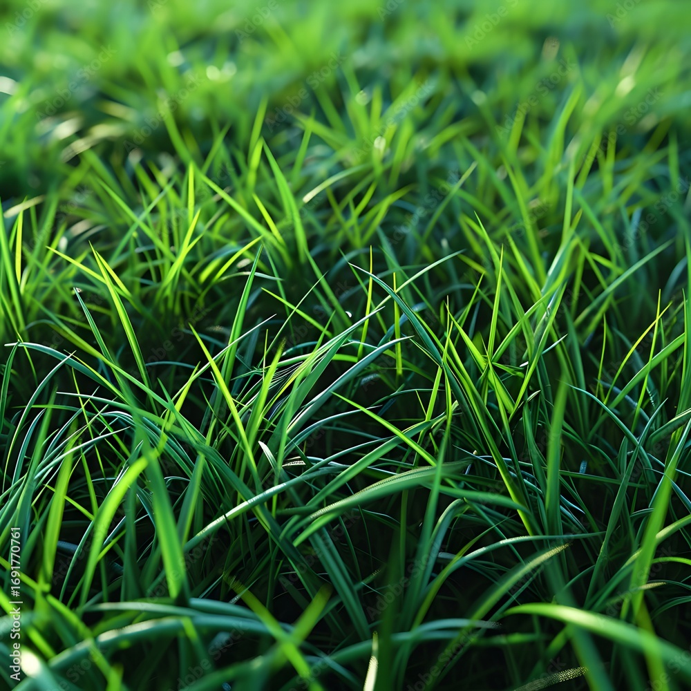 Obraz premium Fresh green grass macro with natural texture and vibrant botanical detail, nature background for eco branding, gardening and wellness themes