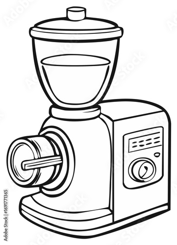 Kitchen food processor and grinder appliance outline drawing for home cooking illustration.