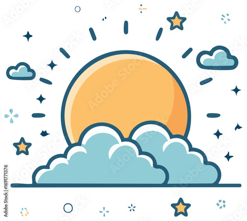 Bright sun appearing over fluffy clouds with sparkling stars in a clean illustration