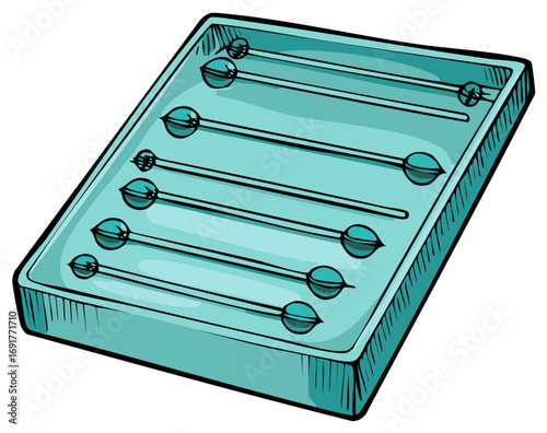 Artistic turquoise bead frame illustration with lines, spheres, and decorative details