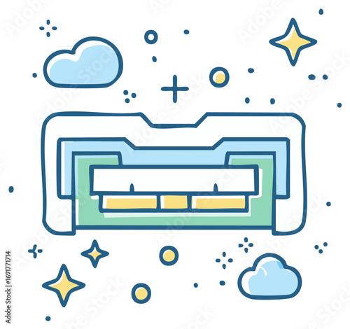 Stylized illustration of air purifier with clouds and stars for clean air concept, doodle art for healthy environment