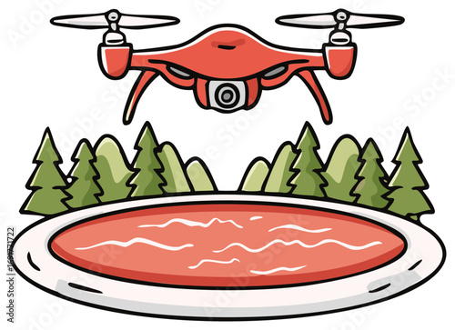 Red drone hovering over swimming pool with trees and mountains