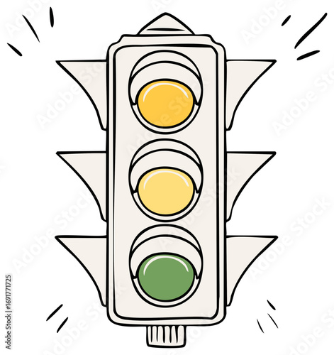 Hand drawn traffic signal with yellow and green lights illuminated ready for action