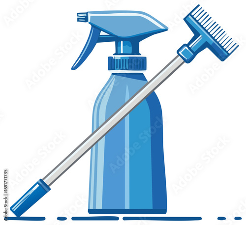 Vector Illustration of Cleaning Supplies: Spray Bottle and Scrub Brush with Handle