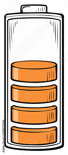 Cartoon illustration of a partially charged battery. Energy storage concept.