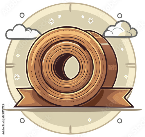 Classic film reel or audio tape spool with banner ribbon and stylized circular background