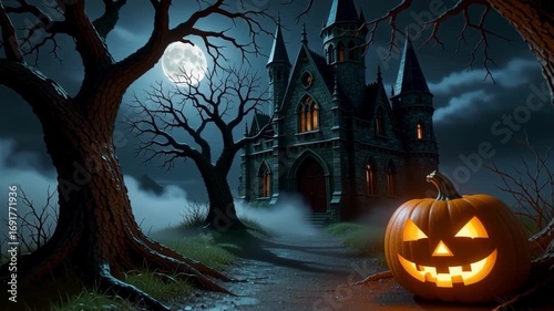 Haunted Castle with Glowing Jack O Lantern Pumpkin under Full Moon
