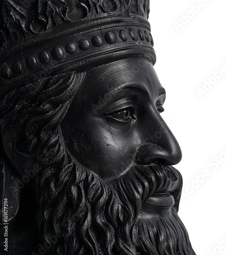 Closeup of ancient king bust with majestic beard and detailed crown sculpture on the transparent background