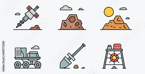 Mining themed icon set with equipment and landscape elements vector illustration