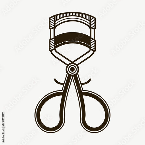 Black and white illustration of an eyelash curler on white background makeup beauty