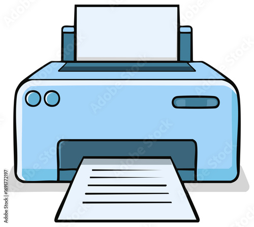 Vector illustration of a blue office printer machine printing a paper document