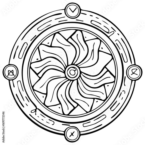 Intricate circular mandala design with stylized floral center and symbolic markings in a clean line art style