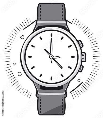 Hand drawn illustration of a wristwatch and stylized time display.