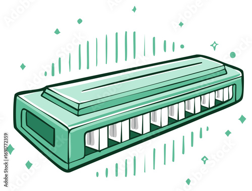 A mint green harmonica musical instrument in a cute cartoon doodle style with sound effects.