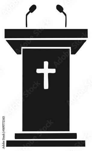 Black silhouette graphic of a religious podium with two microphones and a prominent cross for sermons or public speaking