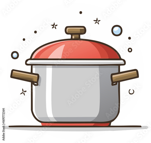Cartoon illustration of a cooking pot with a red lid, flat design style.