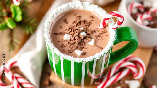 Mint hot chocolate in a green-striped mug with crushed candy cane rim and chocolate shaving